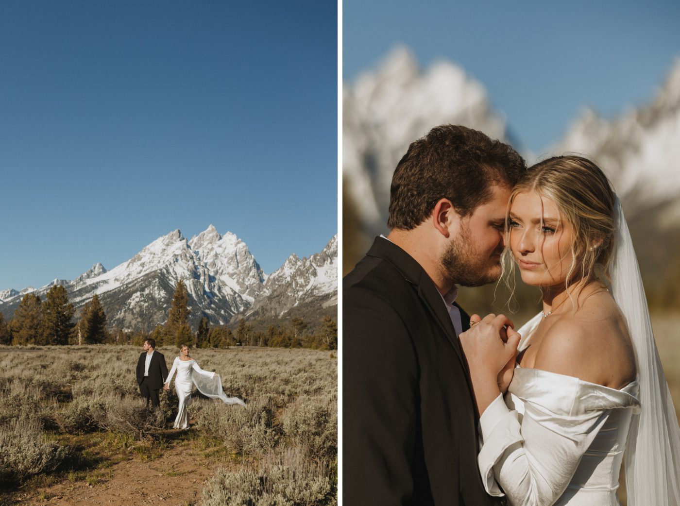 The wind lifts a bride's long cathedral veil while she stands in a field at Mountain View Turnout