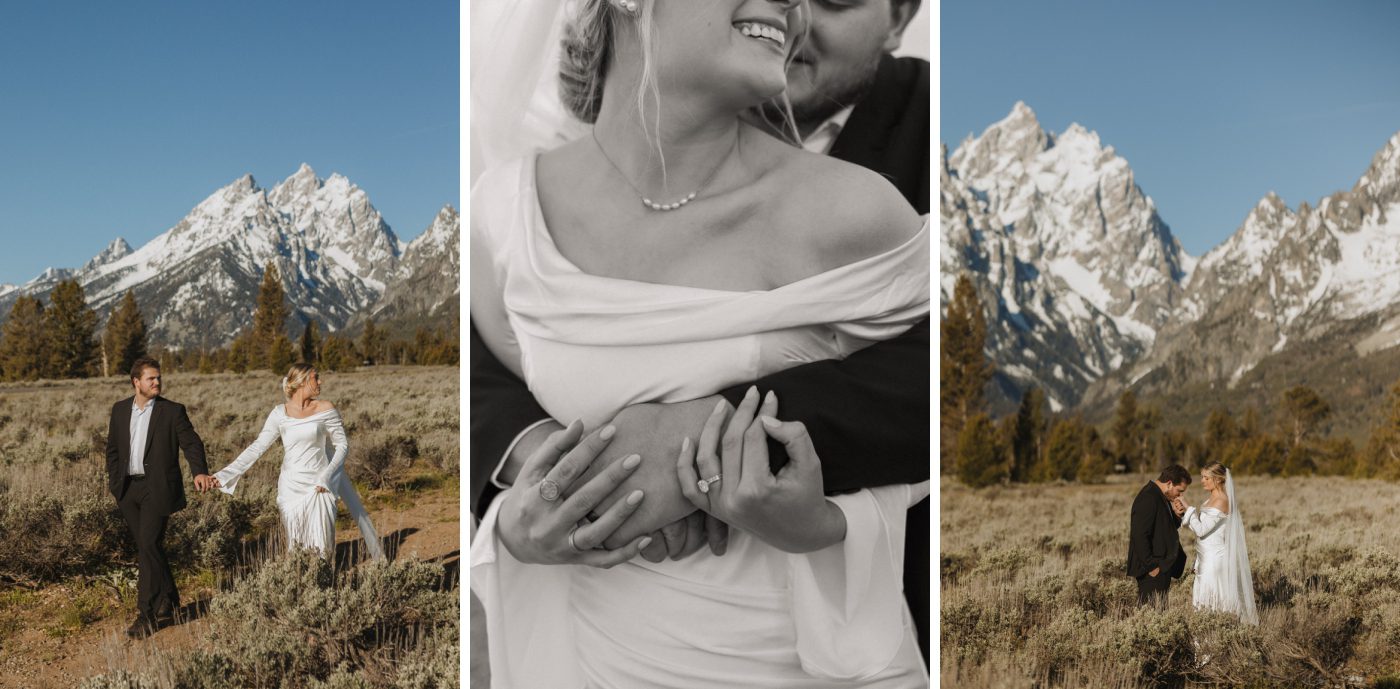 A bride and groom walk in a field in front of the Teton Mountains at Mountain View Turnout