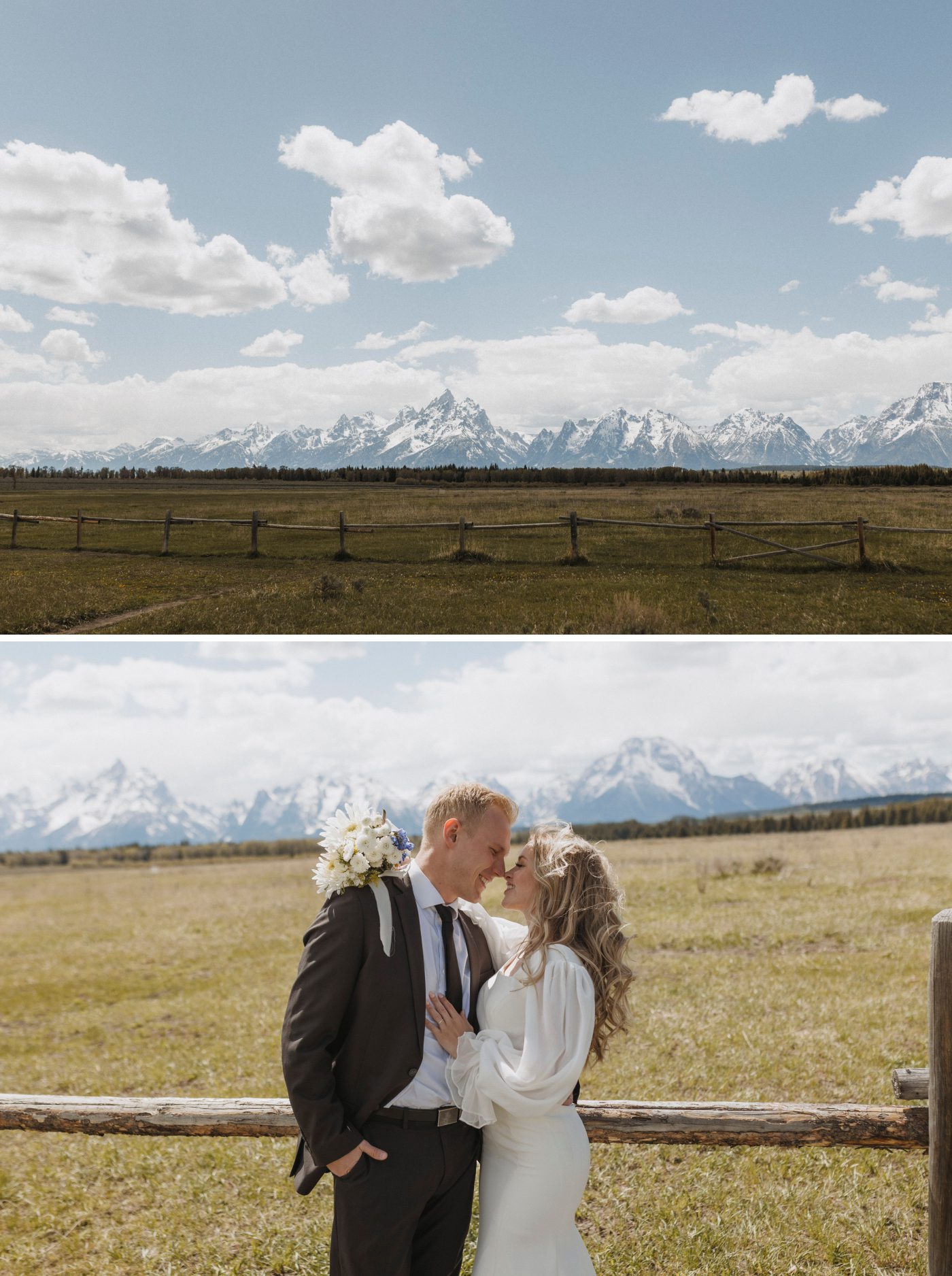 The jagged peaks of the Grand Tetons are visible across a grassy field at Elk Ranch Flats Turnout