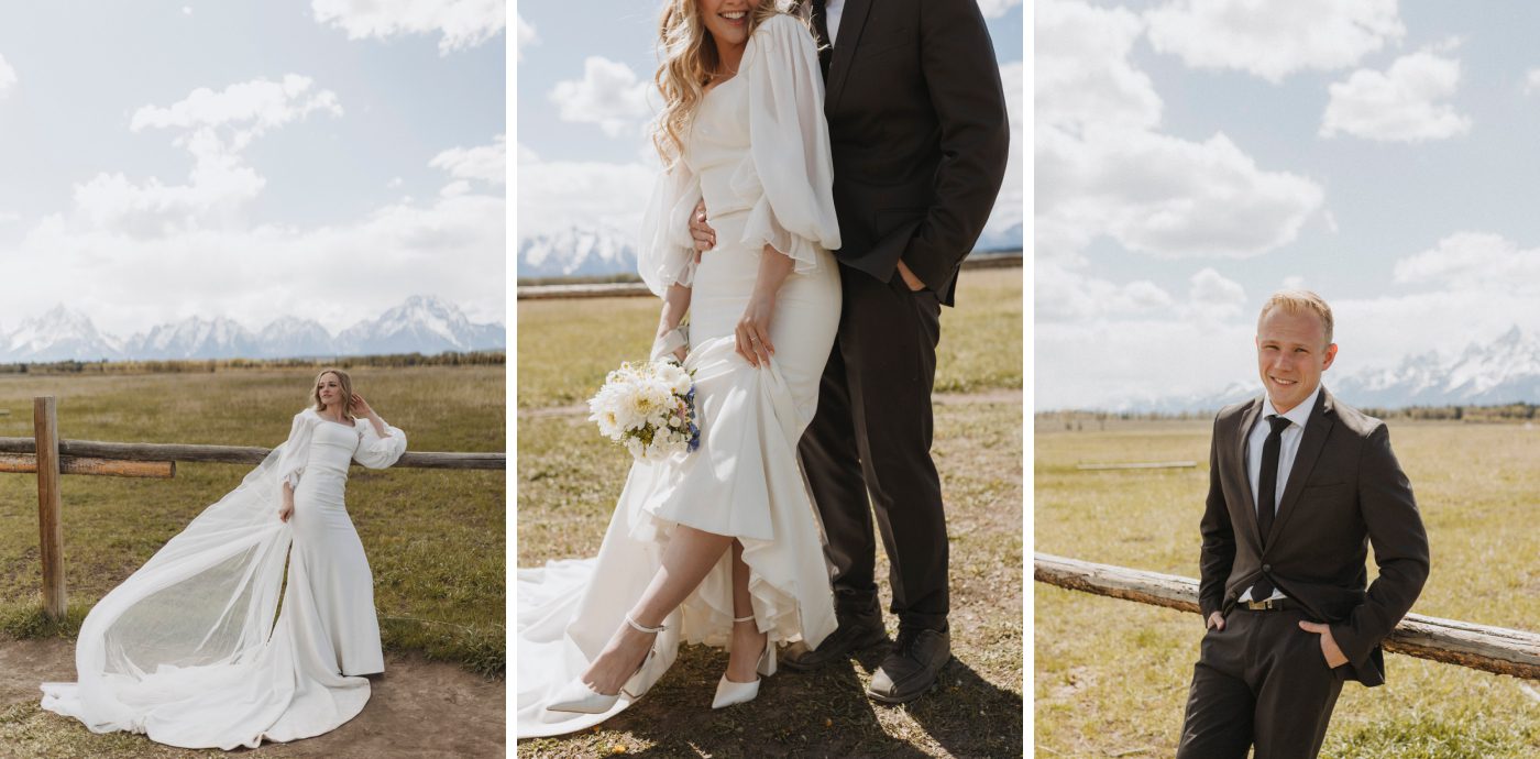 Bride and groom portraits with the snow-capped Teton Mountains in the background