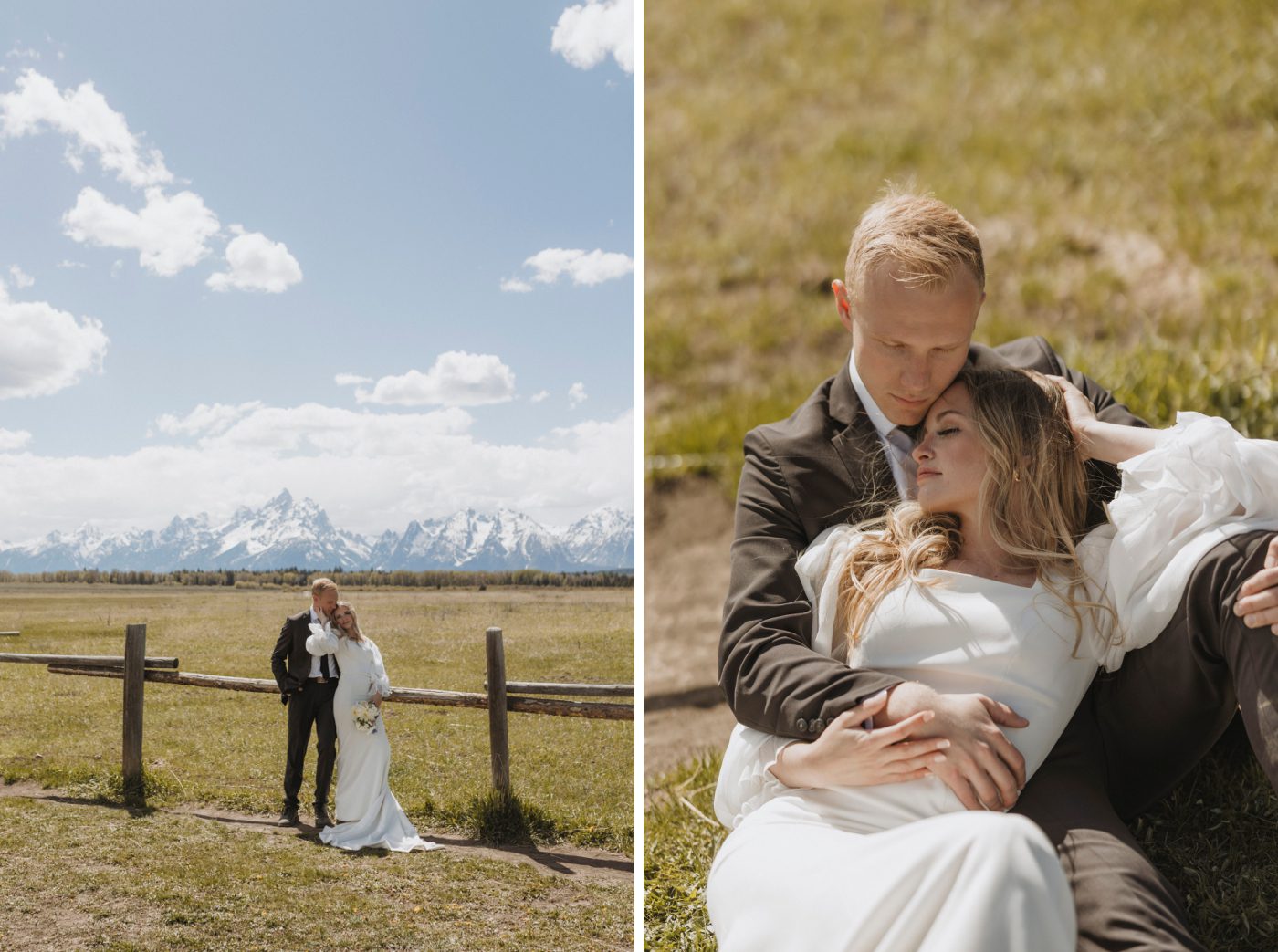 A bride and groom lean on a rustic wooden fence at Elk Ranch Flats Turnour