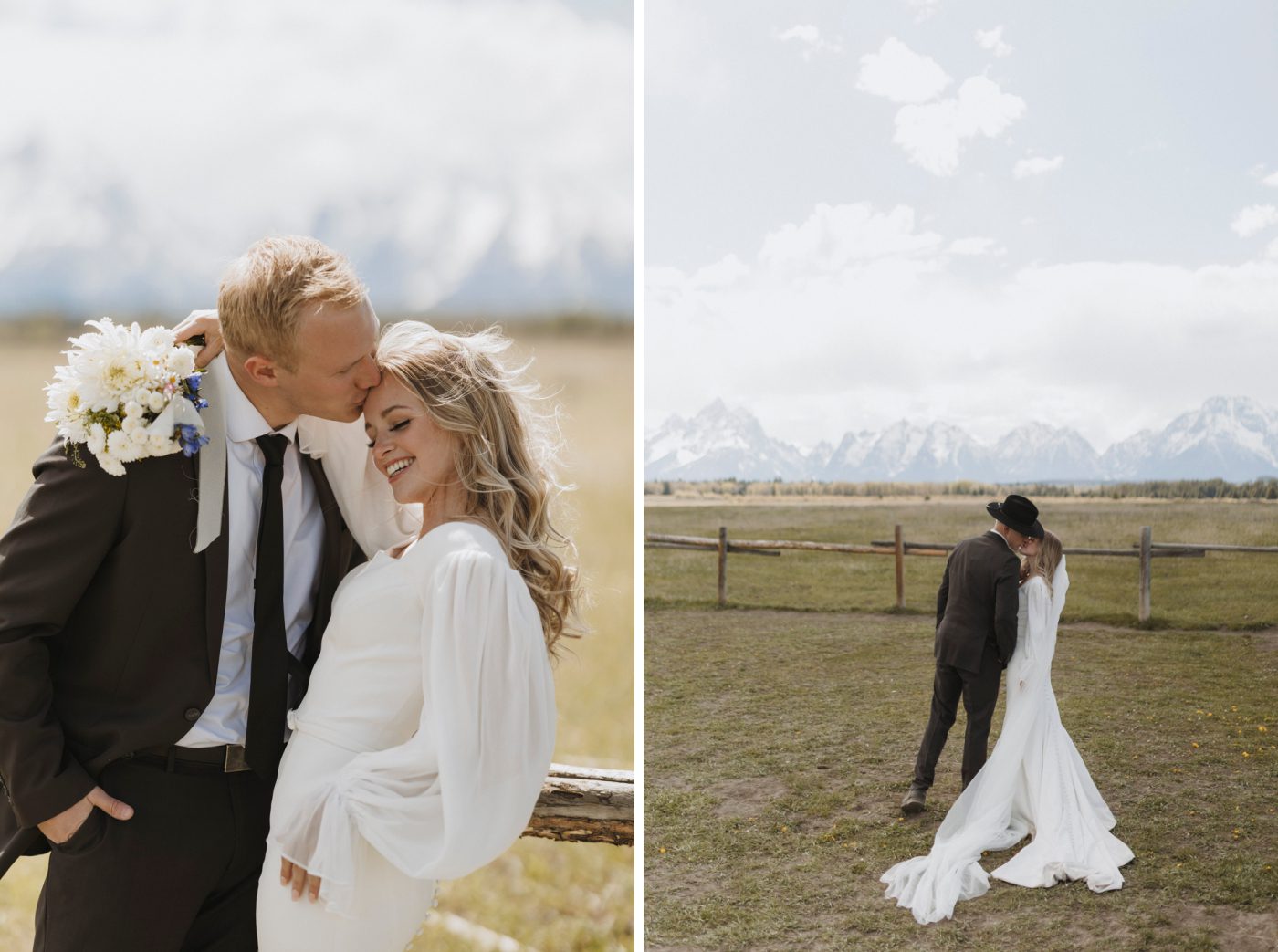 A groom in a black suit and black cowboy hat kisses a bride in a long-sleeve white gown, holding a bouquet of white flowers