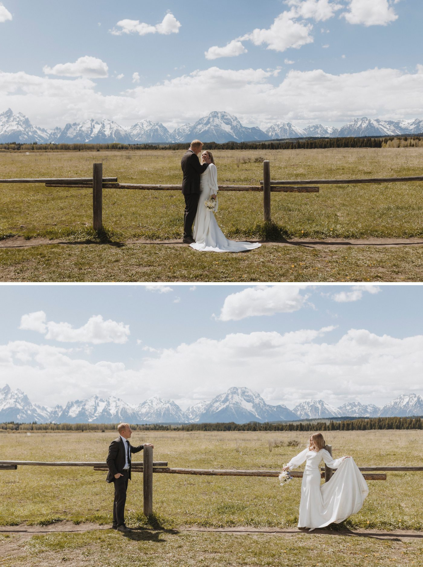 A bride and groom kiss with the Teton Mountains behind them